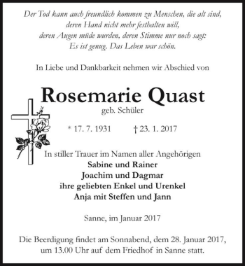 Traueranzeige von Rosemarie Quast (geb. Schüler)  von Magdeburger Volksstimme