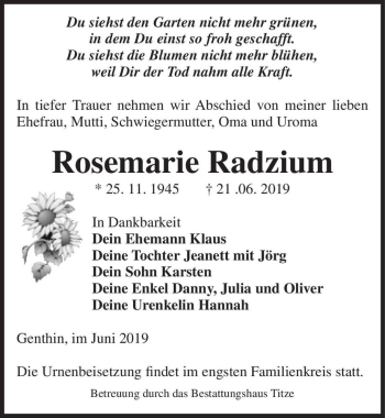 Traueranzeige von Rosemarie Radzium  von Magdeburger Volksstimme