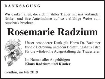 Traueranzeige von Rosemarie Radzium  von Magdeburger Volksstimme
