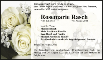 Traueranzeige von Rosemarie Rasch  von Magdeburger Volksstimme