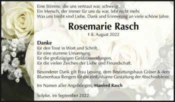 Traueranzeige von Rosemarie Rasch  von Magdeburger Volksstimme