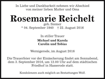 Traueranzeige von Rosemarie Reichelt (geb. Siemer)  von Magdeburger Volksstimme