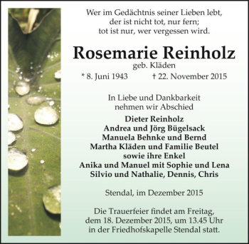 Traueranzeige von Rosemarie Reinholz (geb. Kläden)  von Magdeburger Volksstimme