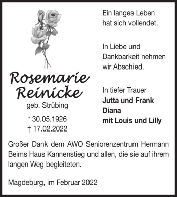 Traueranzeige von Rosemarie Reinicke (geb. Strübing)  von Magdeburger Volksstimme