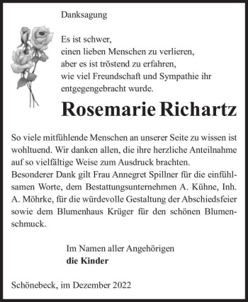 Traueranzeige von Rosemarie Richartz  von Magdeburger Volksstimme