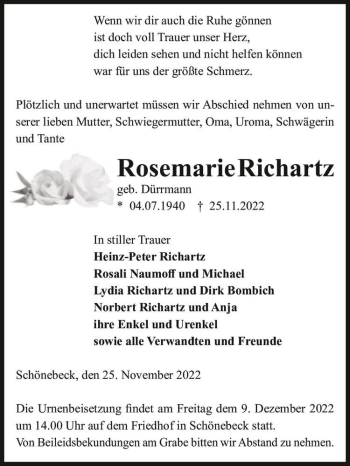Traueranzeige von Rosemarie Richartz (geb. Dürrmann)  von Magdeburger Volksstimme