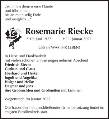 Traueranzeige von Rosemarie Riecke  von Magdeburger Volksstimme