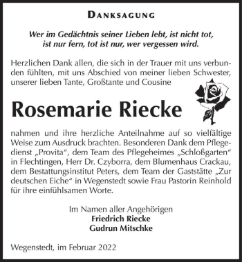Traueranzeige von Rosemarie Riecke  von Magdeburger Volksstimme