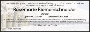 Traueranzeige von Rosemarie Riemenschneider (geb. Wengler)  von Magdeburger Volksstimme