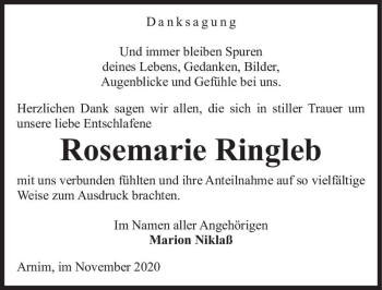 Traueranzeige von Rosemarie Ringleb  von Magdeburger Volksstimme
