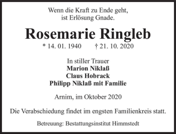 Traueranzeige von Rosemarie Ringleb  von Magdeburger Volksstimme