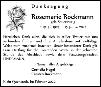 Traueranzeige von Rosemarie Rockmann (geb. Sauerzweig)  von Magdeburger Volksstimme