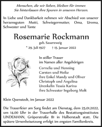Traueranzeige von Rosemarie Rockmann (geb. Sauerzweig)  von Magdeburger Volksstimme