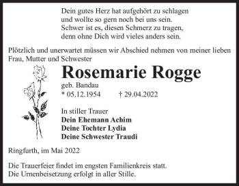 Traueranzeige von Rosemarie Rogge (geb. Bandau)  von Magdeburger Volksstimme