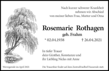 Traueranzeige von Rosemarie Rothagen (geb. Frahm)  von Magdeburger Volksstimme
