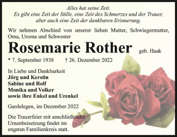 Traueranzeige von Rosemarie Rother (geb. Haak)  von Magdeburger Volksstimme