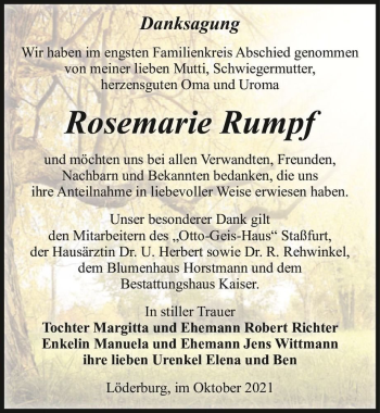 Traueranzeige von Rosemarie Rumpf  von Magdeburger Volksstimme