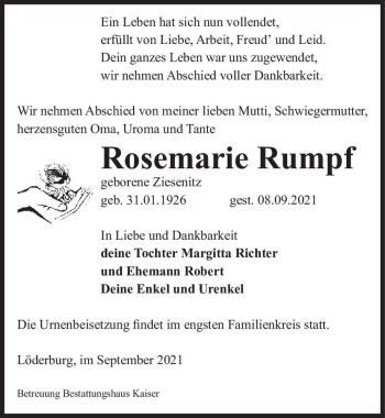 Traueranzeige von Rosemarie Rumpf (geb. Ziesenitz)  von Magdeburger Volksstimme