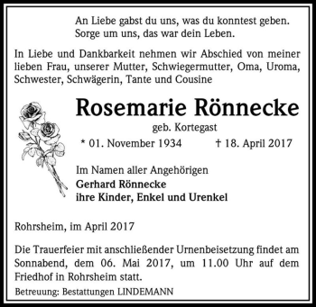 Traueranzeige von Rosemarie Rönnecke (geb. Kortegast)  von Magdeburger Volksstimme