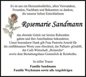 Traueranzeige von Rosemarie Sandmann  von Magdeburger Volksstimme