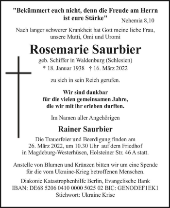 Traueranzeige von Rosemarie Saurbier (geb. Schiffer)  von Magdeburger Volksstimme