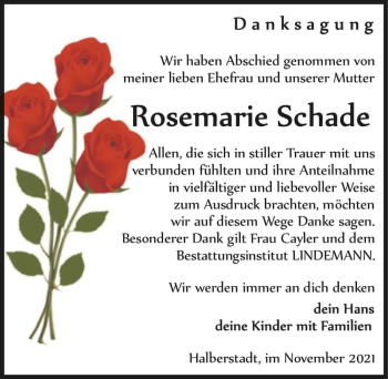 Traueranzeige von Rosemarie Schade  von Magdeburger Volksstimme