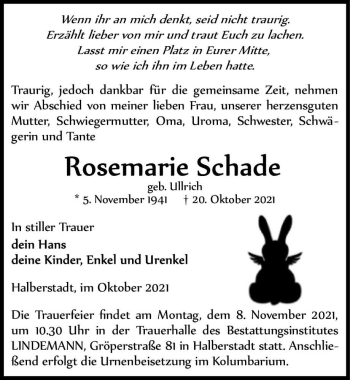 Traueranzeige von Rosemarie Schade (geb. Ullrich)  von Magdeburger Volksstimme