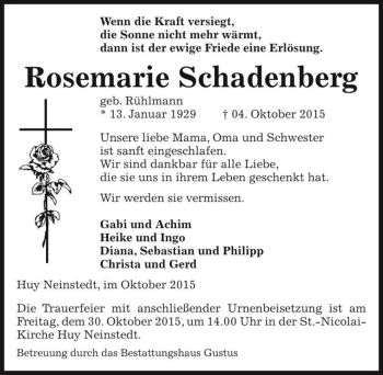 Traueranzeige von Rosemarie Schadenberg (geb. Rühlmann)  von Magdeburger Volksstimme