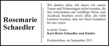 Traueranzeige von Rosemarie Schaedler  von Magdeburger Volksstimme