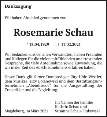 Traueranzeige von Rosemarie Schau  von Magdeburger Volksstimme