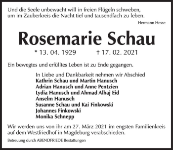 Traueranzeige von Rosemarie Schau  von Magdeburger Volksstimme