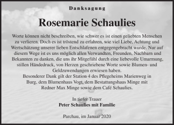 Traueranzeige von Rosemarie Schauies  von Magdeburger Volksstimme