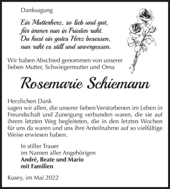 Traueranzeige von Rosemarie Schiemann  von Magdeburger Volksstimme