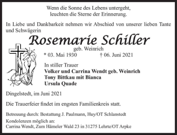 Traueranzeige von Rosemarie Schiller (geb. Weinrich)  von Magdeburger Volksstimme
