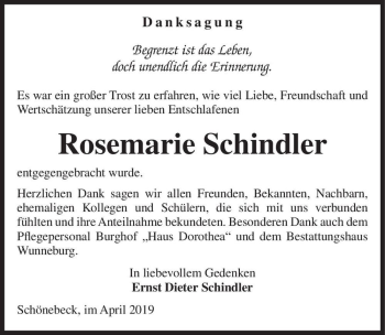 Traueranzeige von Rosemarie Schindler  von Magdeburger Volksstimme