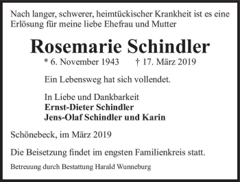 Traueranzeige von Rosemarie Schindler  von Magdeburger Volksstimme
