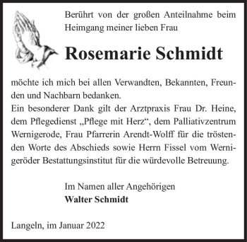 Traueranzeige von Rosemarie Schmidt  von Magdeburger Volksstimme