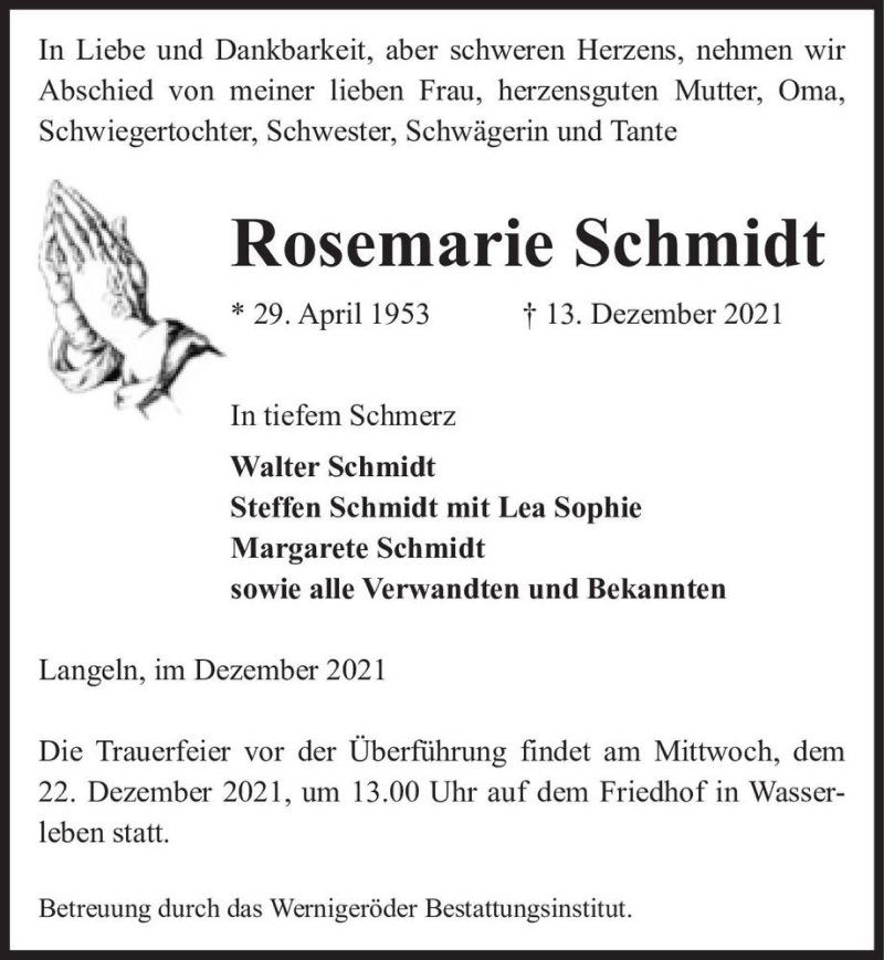  Traueranzeige für Rosemarie Schmidt  vom 17.12.2021 aus Magdeburger Volksstimme