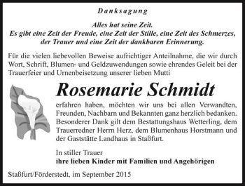 Traueranzeige von Rosemarie Schmidt  von Magdeburger Volksstimme