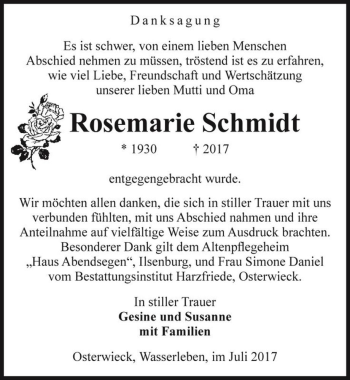 Traueranzeige von Rosemarie Schmidt  von Magdeburger Volksstimme