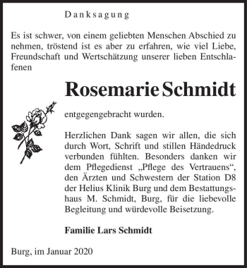 Traueranzeige von Rosemarie Schmidt  von Magdeburger Volksstimme