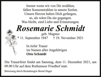Traueranzeige von Rosemarie Schmidt (geb. Magnus)  von Magdeburger Volksstimme