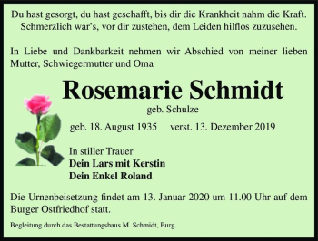 Traueranzeige von Rosemarie Schmidt (geb. Schulze)  von Magdeburger Volksstimme