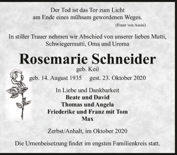 Traueranzeige von Rosemarie Schneider (geb. Keil)  von Magdeburger Volksstimme
