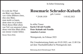 Traueranzeige von Rosemarie Schrader-Kubath (geb. Lorenz)  von Magdeburger Volksstimme