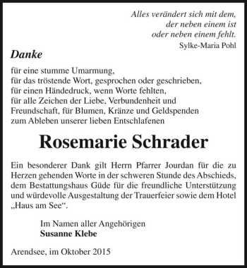 Traueranzeige von Rosemarie Schrader  von Magdeburger Volksstimme