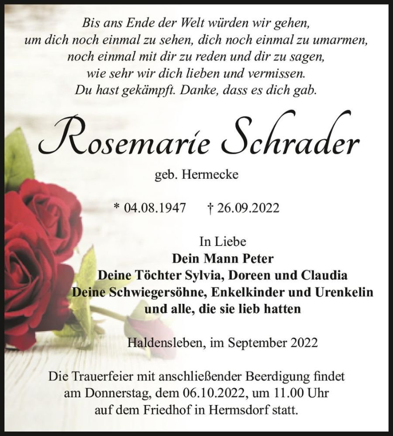  Traueranzeige für Rosemarie Schrader (geb. Hermecke)  vom 01.10.2022 aus Magdeburger Volksstimme
