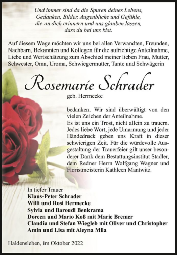 Traueranzeige von Rosemarie Schrader (geb. Hermecke)  von Magdeburger Volksstimme