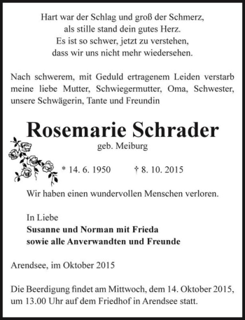 Traueranzeige von Rosemarie Schrader (geb. Meiburg)  von Magdeburger Volksstimme