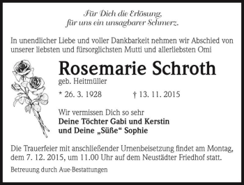 Traueranzeige von Rosemarie Schroth (geb. Heitmüller)  von Magdeburger Volksstimme
